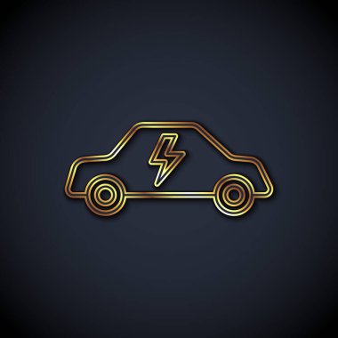 Gold line Electric car and electrical cable plug charging icon isolated on black background. Renewable eco technologies. Vector.