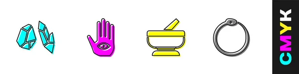 Set Magic Stone Hamsa Hand Mortar Pestle Ouroboros Icon Vector — Stok Vektör