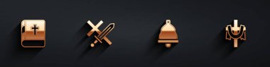 Set Holy bible book, Crusade, Church bell and Christian cross icon with long shadow. Vector.