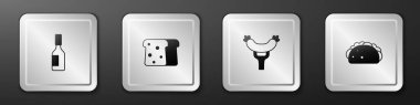 Set Tabasco sauce Bread toast Sausage on the fork and Taco with tortilla icon. Silver square button. Vector.