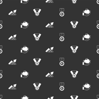 Set Gold medal nugget Growth arrow with gold bars and on seamless pattern. Vector.