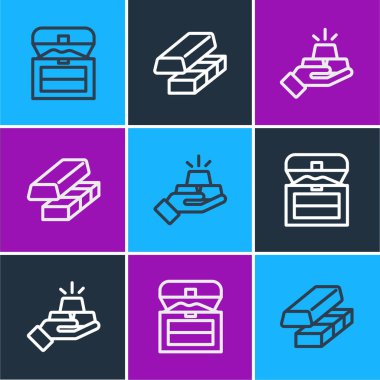 Set line Antique treasure chest Gold bars and exchange money icon. Vector.