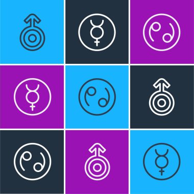 Set line Symbol Uranus Cancer zodiac and Mercury icon. Vector.