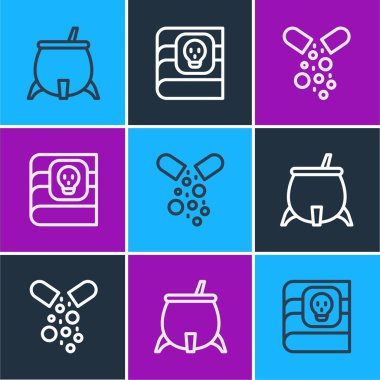 Set line Witch cauldron Poisoned pill and Book about poisons icon. Vector.