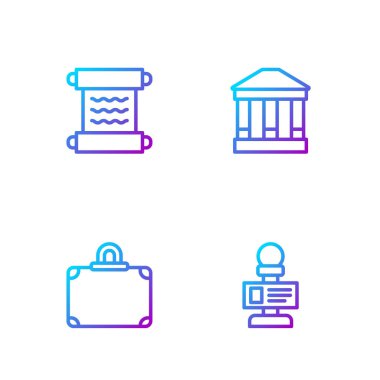 Set line Microphone Suitcase Papyrus scroll and Museum building. Gradient color icons. Vector.