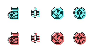 Set line Yin Yang symbol Chinese Yuan currency Firework and icon. Vector.