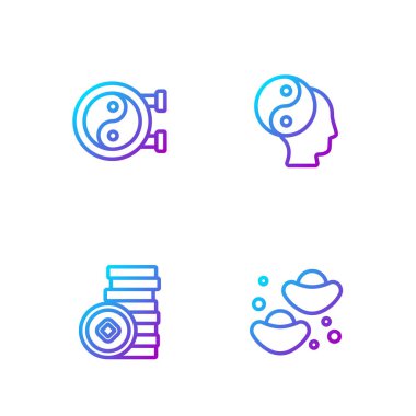 Set line Chinese fortune cookie Yuan currency Yin Yang symbol and . Gradient color icons. Vector.