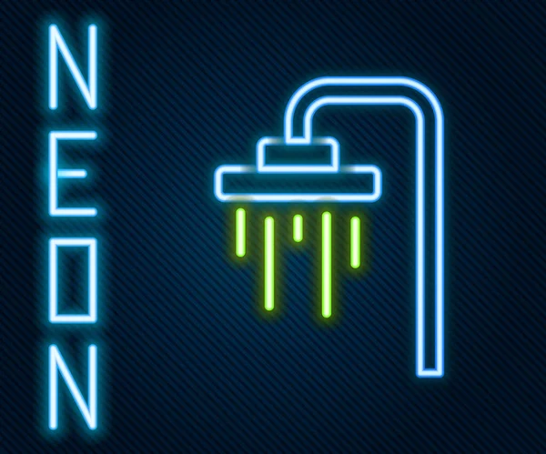 Glödande Neon Line Duschhuvud Med Vattendroppar Flödande Ikon Isolerad Svart — Stock vektor