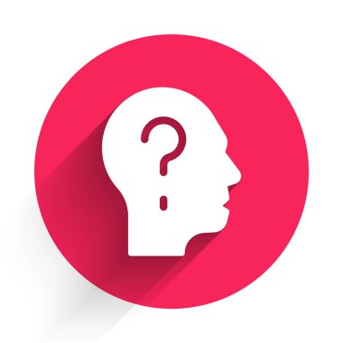 Soru işareti simgesi olan beyaz insan kafası uzun gölgelerle izole edilmiş. Kırmızı daire düğmesi. Vektör.