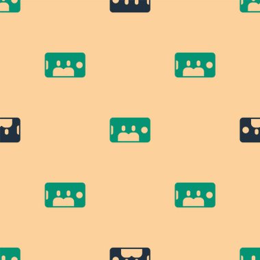 Green and black Selfie on mobile phone icon isolated seamless pattern on beige background. Romantic self portrait, young friends taking selfie photo at smartphone. Vector.