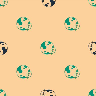 Green and black Earth globe and leaf icon isolated seamless pattern on beige background. World or Earth sign. Geometric shapes. Environmental concept. Vector.