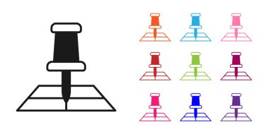 Beyaz arkaplanda konum belirleyici simgesi olan siyah katlı harita. Simgeleri renklendirin. Vektör.