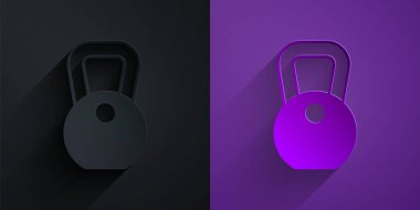 Paper cut Weight icon isolated on black on purple background. Kilogram weight block for weight lifting and scale. Mass symbol. Paper art style. Vector.