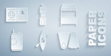 Set Kayak or canoe and paddle Street stall with awning Soda Rubber flippers Bottle of water and Passport icon. Vector.