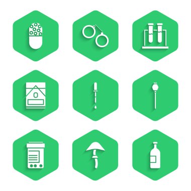 Set Pipette Psilocybin mushroom Alcohol drink bottle Opium poppy Medicine and pills Cigarettes pack box Test tube flask and or tablet icon. Vector.