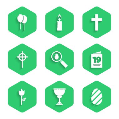 Set Search and easter egg Christian chalice Easter Greeting card with Happy Flower tulip cross and Balloons ribbon icon. Vector.