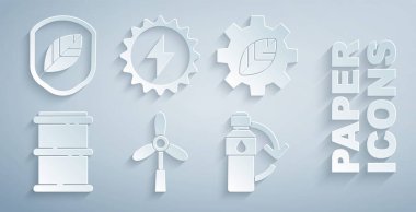 Set Wind turbine Leaf plant gear machine Barrel Recycling plastic bottle Solar energy panel and Shield with leaf icon. Vector.