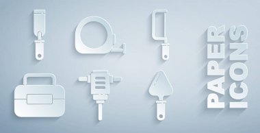 Set Electric rotary hammer drill Hacksaw Toolbox Trowel Roulette construction and Rasp metal file icon. Vector.