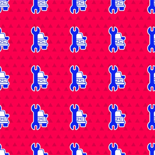 Blue Car service icon isolated seamless pattern on red background. Auto mechanic service. Repair service auto mechanic. Maintenance sign. Vector.