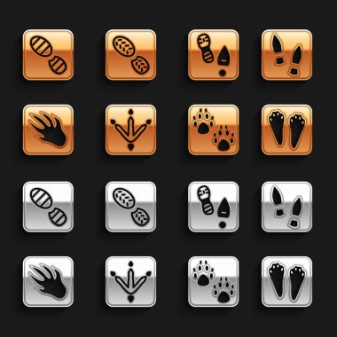 Set Chicken paw footprint Human footprints shoes Rabbit and hare Paw Alligator crocodile and icon. Vector.