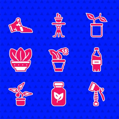 Set Flower in pot Fertilizer bottle Water spray Bottle of water Plant and Broken icon. Vector.