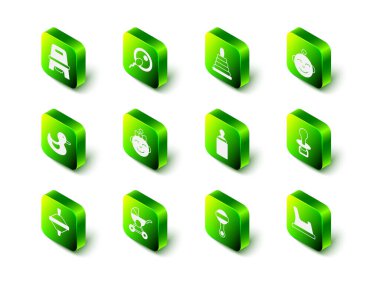 Set Sperm Pyramid toy Little boy head Baby dummy pacifier potty bottle Rattle baby and stroller icon. Vector.