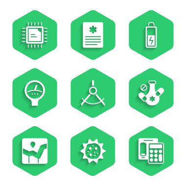 Set Drawing compass Virus Calculator Medicine pill Graph chart infographic Gauge scale Battery and Processor CPU icon. Vector.