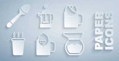 Set Cup of tea with lemon rose Teapot French press and Teaspoon icon. Vector.