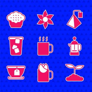 Set Cup of tea with rose Tea leaf French press bag Ice and Muffin icon. Vector.