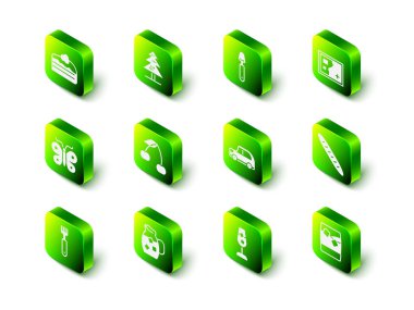 Set Tree Spoon Folded map French baguette bread Glass of whiskey with ice Car Wine glass and Jug water icon. Vector.