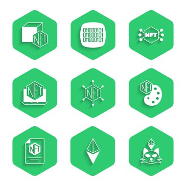 Set NFT blockchain technology Ethereum ETH Digital crypto art contract Laptop with store app and icon. Vector.