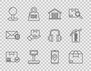 Set line Package box with check mark Carton cardboard Warehouse Scale Push pin Delivery hand boxes Mobile app delivery tracking and Price tag Free icon. Vector.