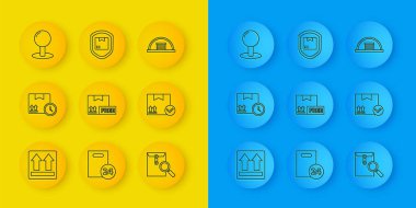 Set line This side up Cardboard box and fast time with free symbol Envelope magnifying glass Package check mark Push pin Hangar and Delivery pack security shield icon. Vector.
