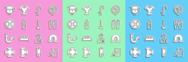 Set line Wastewater Industry metallic pipe Rubber gloves Water tap Bottle of valve Electric boiler for heating and Mop icon. Vector.