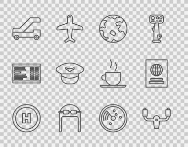 Set line Helicopter landing pad Aircraft steering helm Worldwide Aviator hat with goggles Passenger ladder for plane boarding Pilot Radar targets on monitor and Passport icon. Vector.