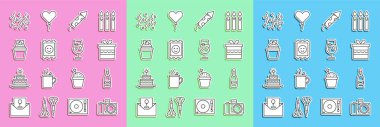 Set line Photo camera Champagne bottle Gift box Firework rocket LSD acid mark Cake Festive confetti and Cocktail and alcohol drink icon. Vector.