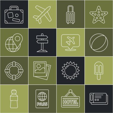 Set line Travel ticket Ice cream Beach ball Suitcase Road traffic signpost Location on the globe and Speech bubble with airplane icon. Vector.