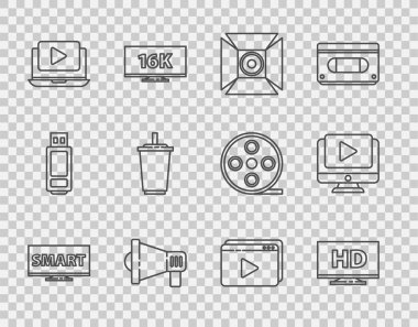 Set line Screen tv with Smart video display HD Movie spotlight Megaphone Online Paper glass water and icon. Vector.