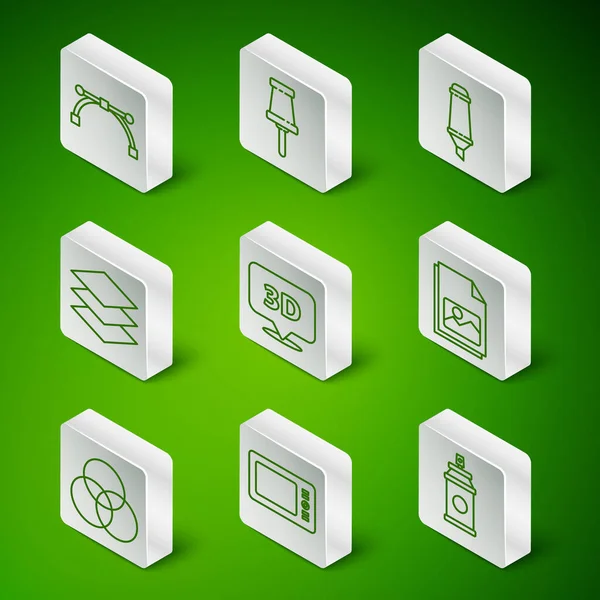 Set line Paint spray can Graphic tablet Bezier curve Speech bubble with text 3D Layers Push pin RGB and CMYK color mixing and Picture landscape icon. Vector.