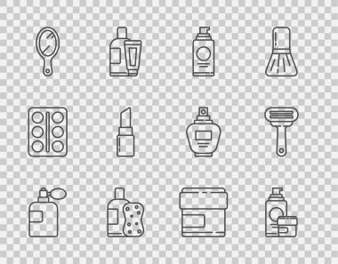 Set line Perfume Cream or lotion cosmetic tube Spray can for hairspray Bottle of shampoo and sponge Hand mirror Lipstick and Shaving razor icon. Vector.