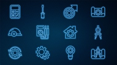 Set line Graphing paper and compass Drawing Gear arrows workflow process Multimeter Worker safety helmet Calculator House with gear and Screwdriver icon. Vector.