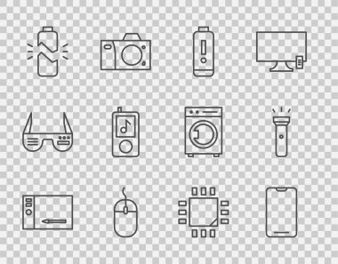 Set line Graphic tablet Smartphone mobile phone Battery charge level indicator Computer mouse Broken battery Music player Processor with microcircuits CPU and Flashlight icon. Vector.