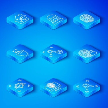 Set line Voice recognition Rejection face Monitor with fingerprint Fingerprint lock Smart home id and Face icon. Vector.