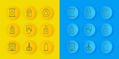 Set line Antiperspirant deodorant roll Bottle for cleaning agent Cleaning service Condom Wet wipe pack of shampoo and icon. Vector.