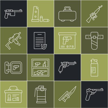 Set line Mauser gun Weapons oil bottle Knife holster case Firearms license certificate MP9I submachine and Military ammunition box icon. Vector.