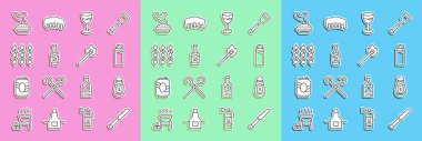 Set line Bread knife Salt Lighter Wine glass Ketchup bottle Grilled shish kebab Homemade pie and Burning match with fire icon. Vector.