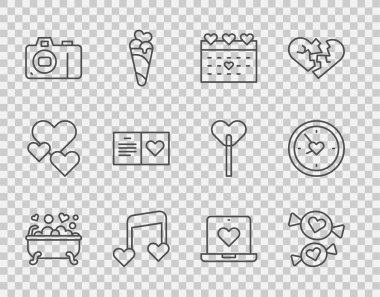 Set line Romantic in bathroom Candy Calendar with heart Music note tone hearts Photo camera Valentines day party flyer Dating app online and Clock icon. Vector.