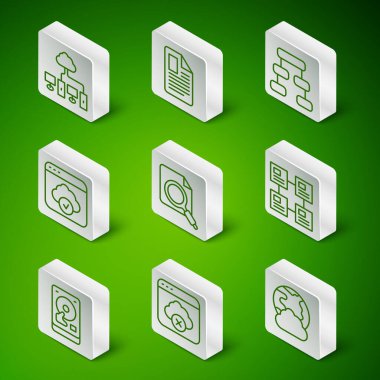 Set line Social network Computer Search concept with folder Cloud technology data transfer File document Hard disk drive HDD and Hierarchy organogram chart icon. Vector.