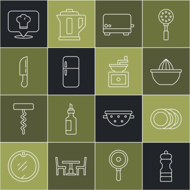 Set line Pepper Plate Citrus fruit juicer Toaster Refrigerator Knife Chef hat with location and Manual coffee grinder icon. Vector.
