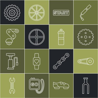 Set line Bicycle fork chain with gear sprocket crank Ribbon finishing line wheel Derailleur bicycle rear cassette and Sport bottle water icon. Vector.